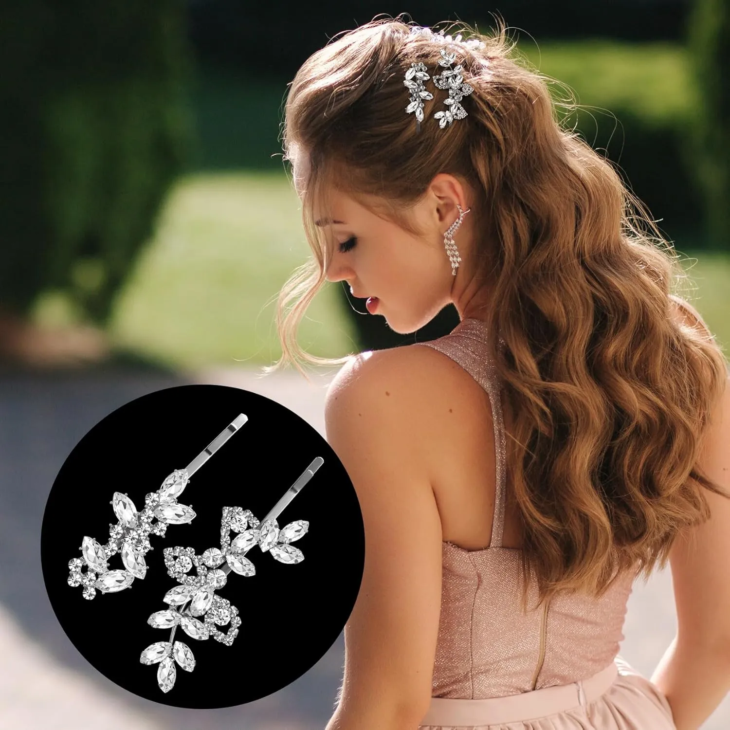 4PCS Silver Rhinestones Hair Clips, Bridal Crystal Hair Pins, 2 Styles French Hairpins Alloy Leaf Shape Barrettes for Women, Girls for Wedding, Parties (2 Pairs)