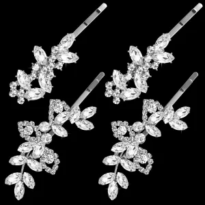 4PCS Silver Rhinestones Hair Clips, Bridal Crystal Hair Pins, 2 Styles French Hairpins Alloy Leaf Shape Barrettes for Women, Girls for Wedding, Parties (2 Pairs)