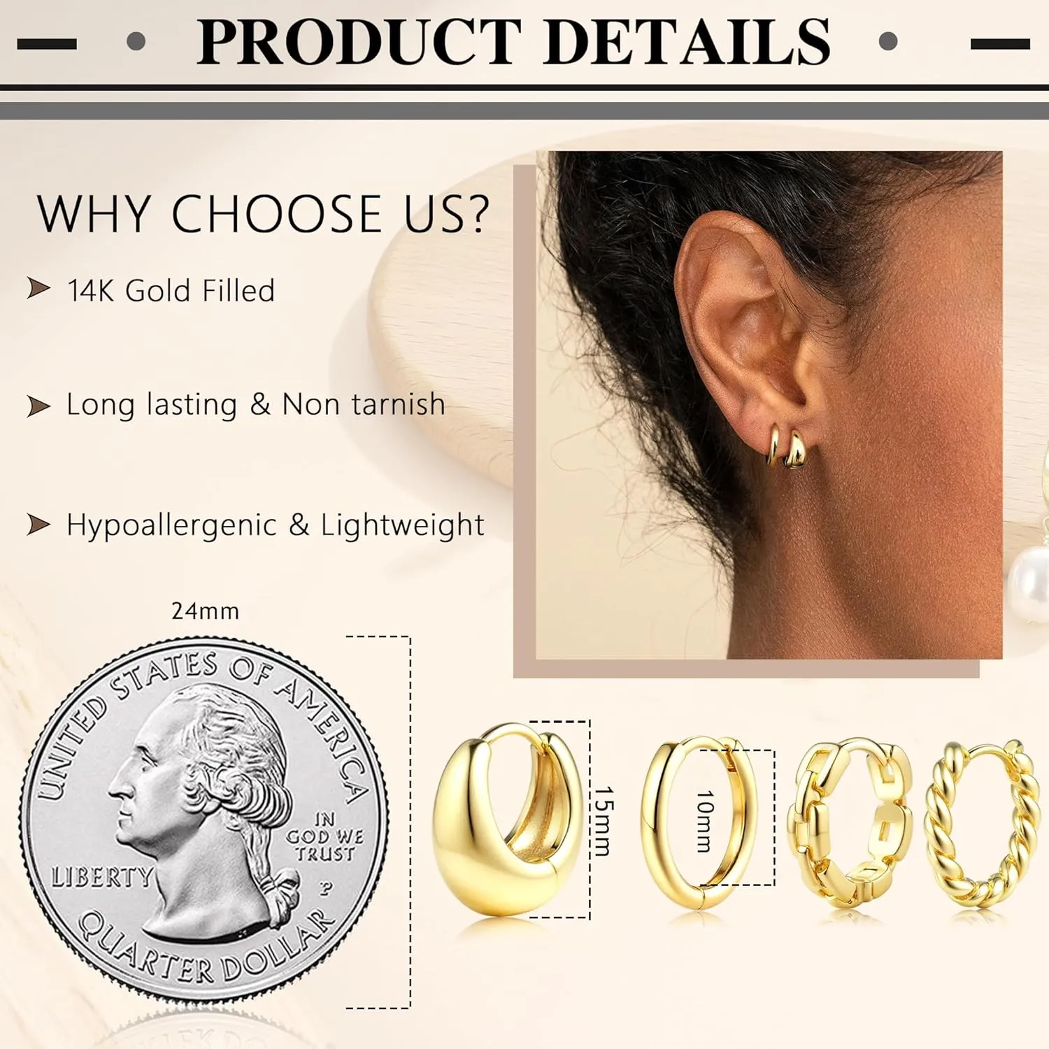 6 Pairs 14K Gold Plated Hoop Earrings for Women Trendy Chunky Hoop Earrings Stack Multipack Huggie Hoops Pearl Chain Dangle Gold Hoop Earrings Set