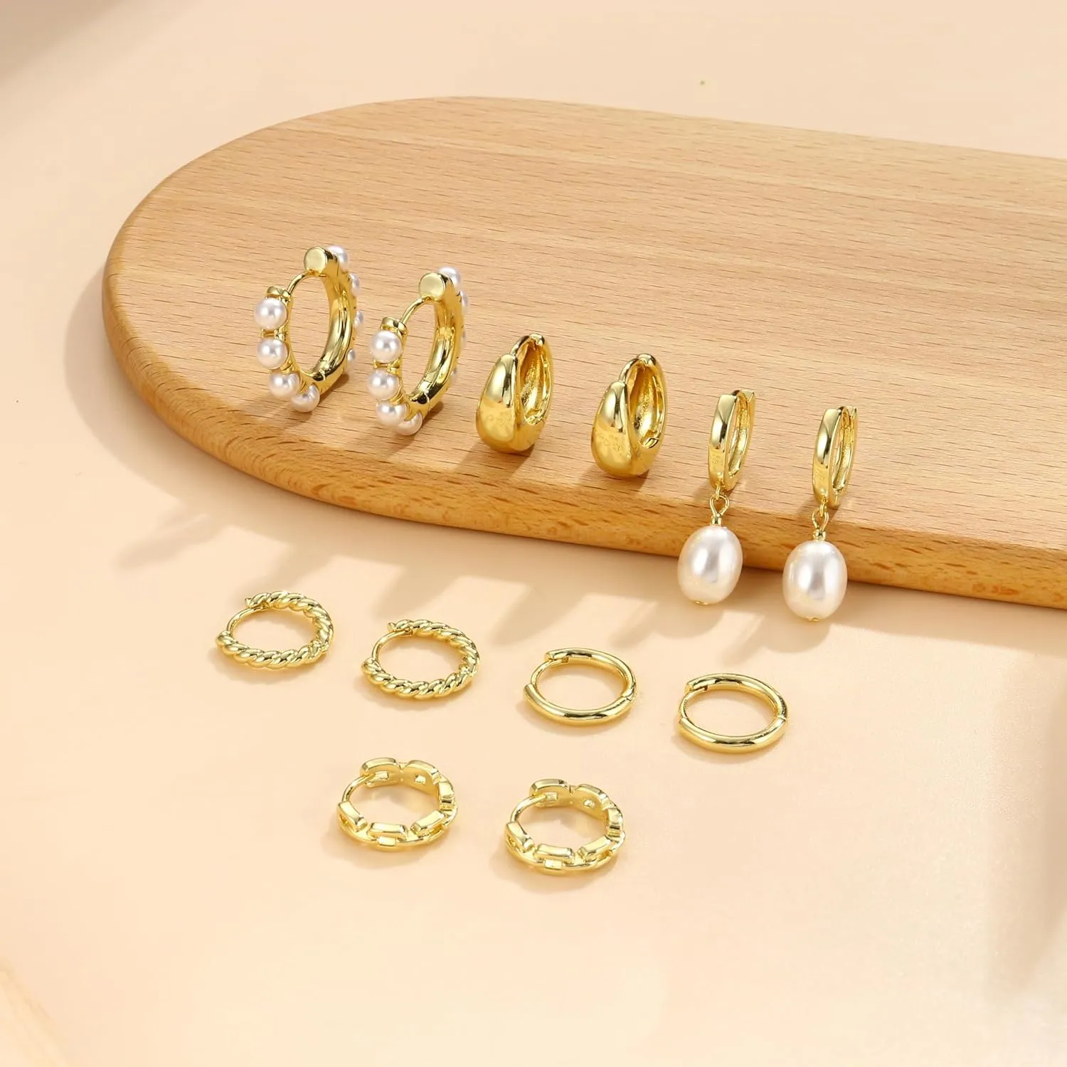 6 Pairs 14K Gold Plated Hoop Earrings for Women Trendy Chunky Hoop Earrings Stack Multipack Huggie Hoops Pearl Chain Dangle Gold Hoop Earrings Set