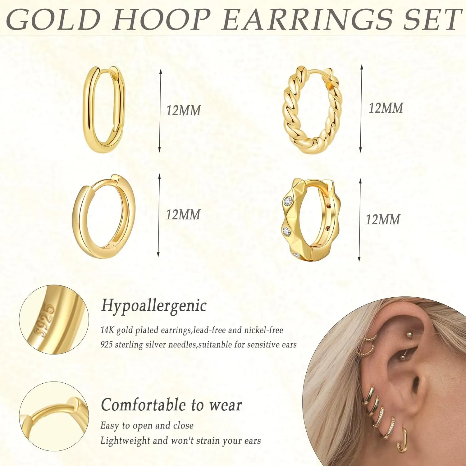 6 Pairs Small Gold Hoop Earrings for Women, 14K Lightweight Huggie Gold Hoops Set, Multipack Hypoallergenic Gold Plated Hoop Earrings, Fashion Cartilage Hoop Earring Set Jewelry for Women