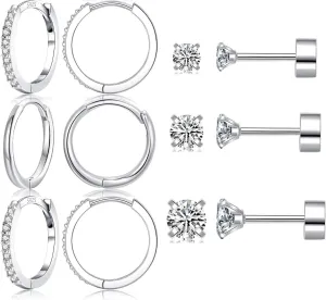 6 Pairs Sterling Silver Earrings Sets for Multiple Piercing Small Silver Huggie Hoop Earrings Flat Back Surgical Steel Tiny CZ Stud Earrings for Women Cartilage Hypoallergenic??12/12/12)