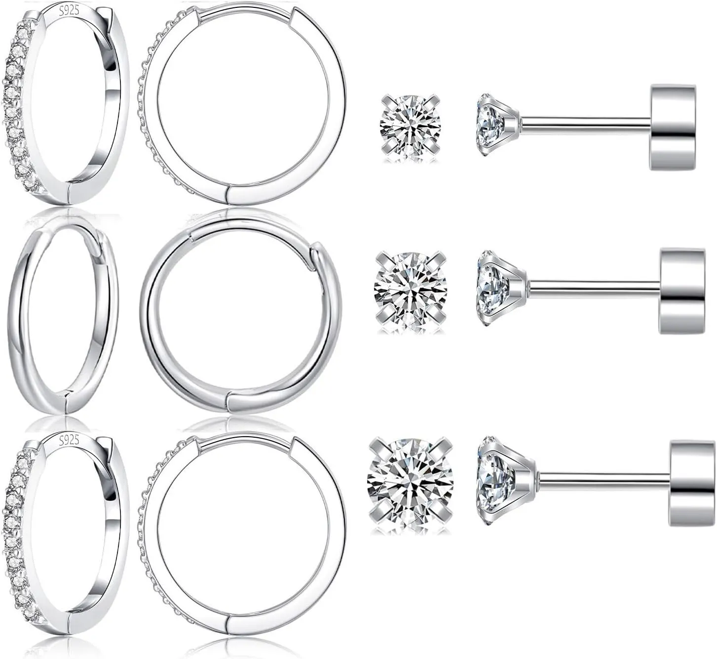 6 Pairs Sterling Silver Earrings Sets for Multiple Piercing Small Silver Huggie Hoop Earrings Flat Back Surgical Steel Tiny CZ Stud Earrings for Women Cartilage Hypoallergenic??12/12/12)