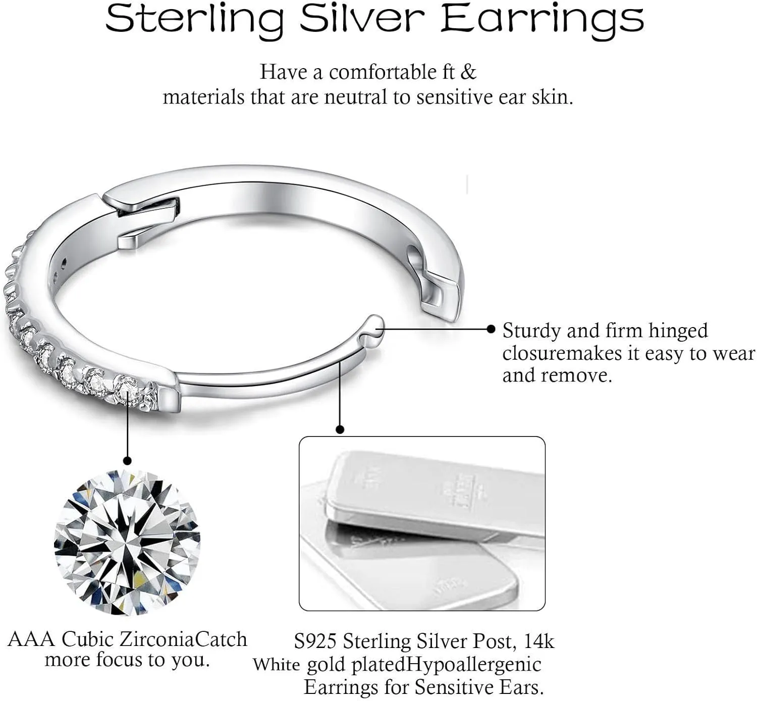 6 Pairs Sterling Silver Earrings Sets for Multiple Piercing Small Silver Huggie Hoop Flat Back Surgical Steel Tiny CZ Stud Earrings for Women Trendy Cartilage Hypoallergenic