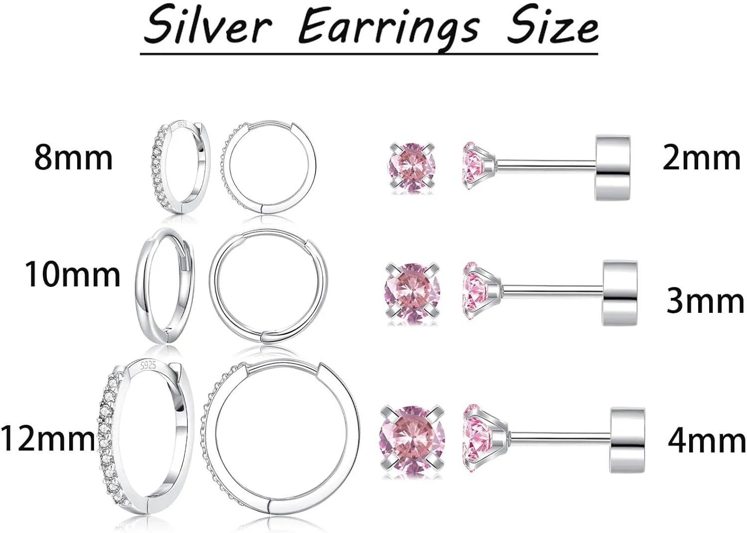 6 Pairs Sterling Silver Earrings Sets for Multiple Piercing Small Silver Huggie Hoop Flat Back Surgical Steel Tiny CZ Stud Earrings for Women Trendy Cartilage Hypoallergenic