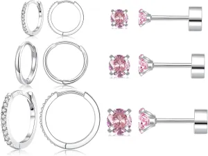 6 Pairs Sterling Silver Earrings Sets for Multiple Piercing Small Silver Huggie Hoop Flat Back Surgical Steel Tiny CZ Stud Earrings for Women Trendy Cartilage Hypoallergenic