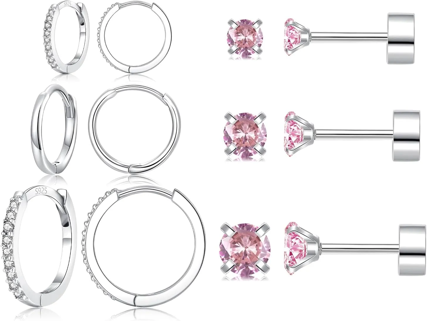 6 Pairs Sterling Silver Earrings Sets for Multiple Piercing Small Silver Huggie Hoop Flat Back Surgical Steel Tiny CZ Stud Earrings for Women Trendy Cartilage Hypoallergenic