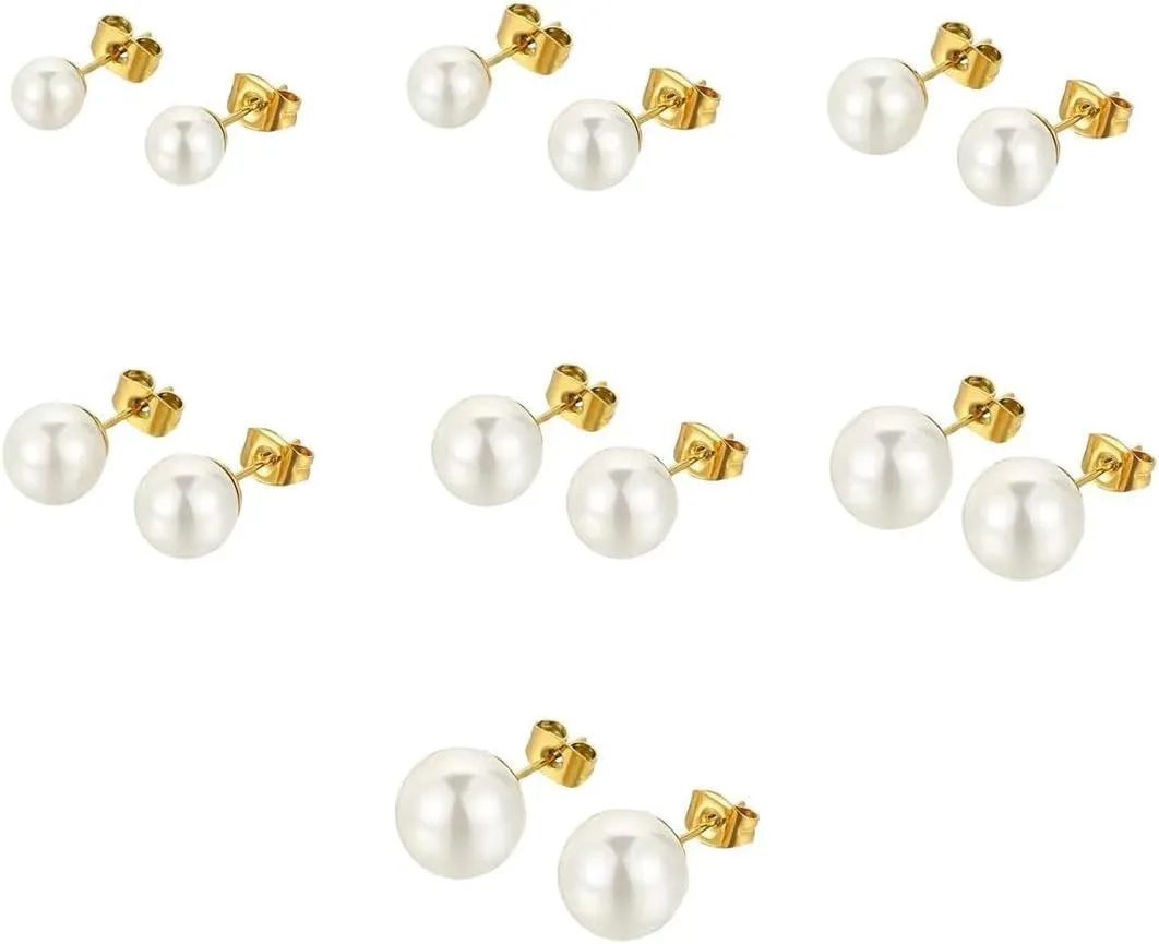 7 Pairs Pearl Stud Earrings Set Hypoallergenic Simulated Pearl Earrings Dainty Round Ball Beads Earring 4-10MM
