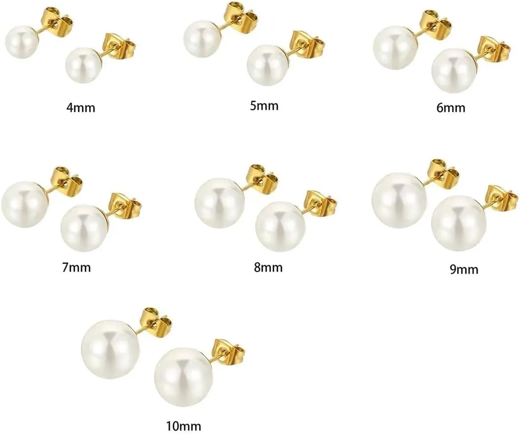 7 Pairs Pearl Stud Earrings Set Hypoallergenic Simulated Pearl Earrings Dainty Round Ball Beads Earring 4-10MM