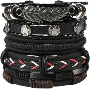 72ore Layered Leather Wrap Bracelet for Men Black Brown Stackable Bracelet Star Bracelet Handmade Braided Feather Bracelet Boho Leather Cuff Bracelet for Women Christmas Gifts