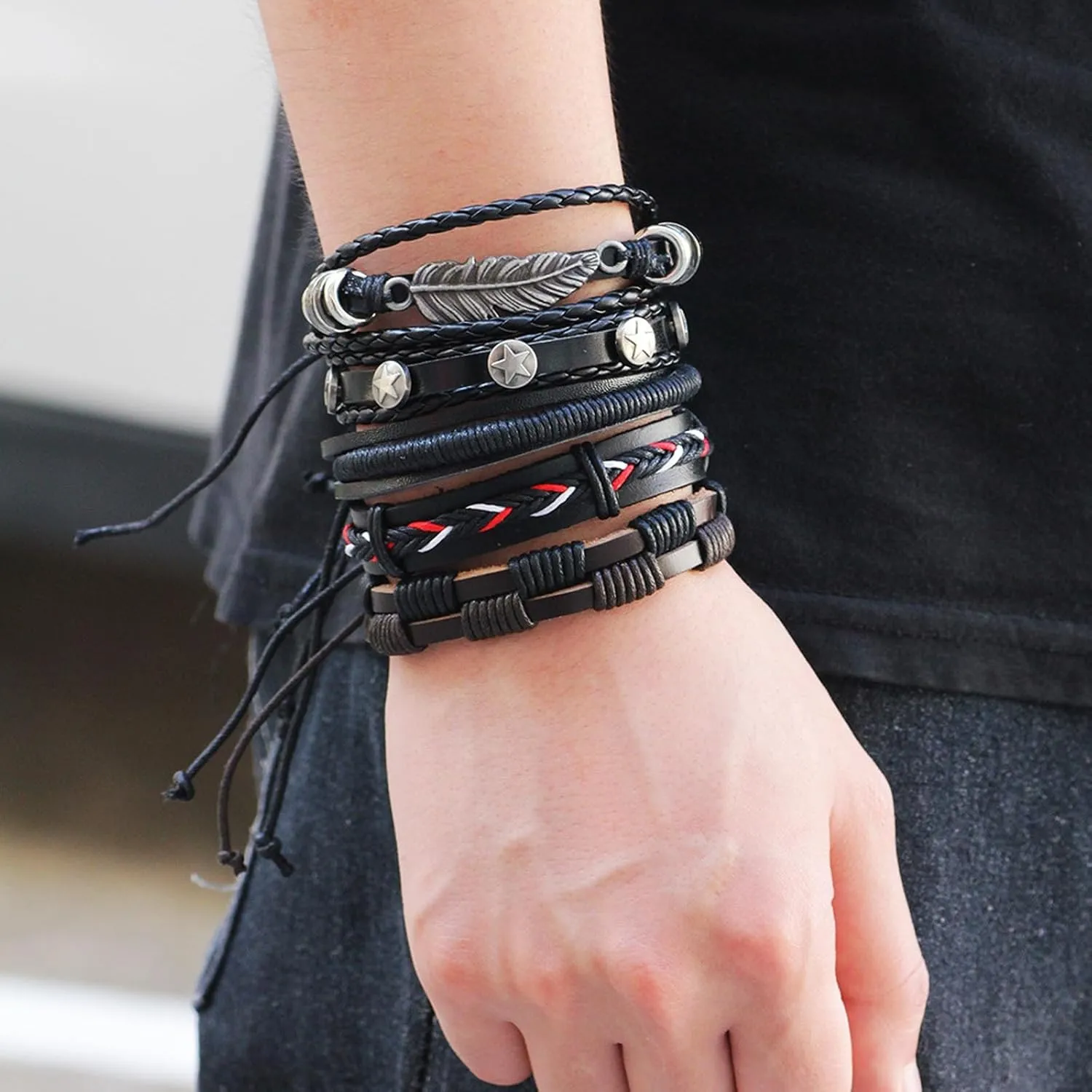 72ore Layered Leather Wrap Bracelet for Men Black Brown Stackable Bracelet Star Bracelet Handmade Braided Feather Bracelet Boho Leather Cuff Bracelet for Women Christmas Gifts