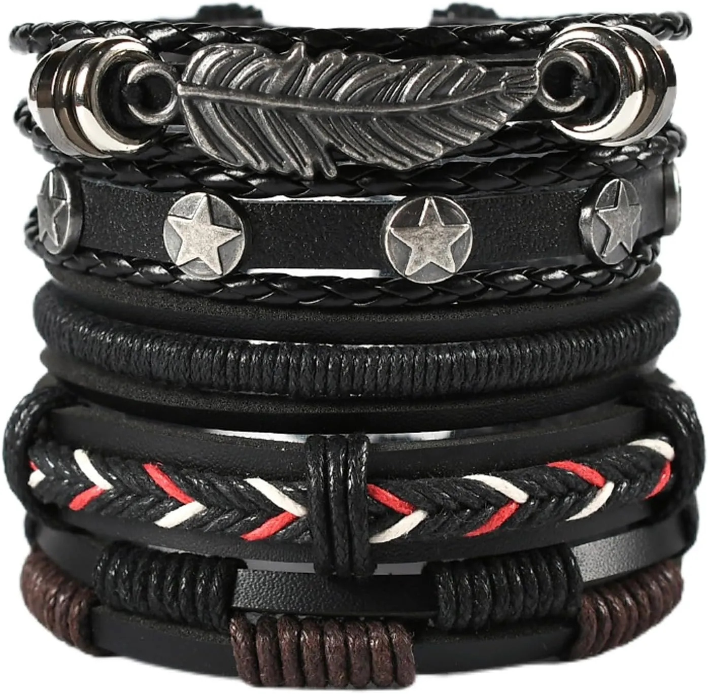 72ore Layered Leather Wrap Bracelet for Men Black Brown Stackable Bracelet Star Bracelet Handmade Braided Feather Bracelet Boho Leather Cuff Bracelet for Women Christmas Gifts