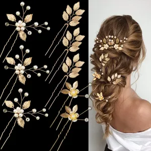 8PCS Gold Leaf Wedding Hair Pins Bridal Headpiece with Pearls Crystal Wedding Hair Styling Pins Vintage Hair Accessories for Brides Bridesmaids and Flower Girls(Elegant)
