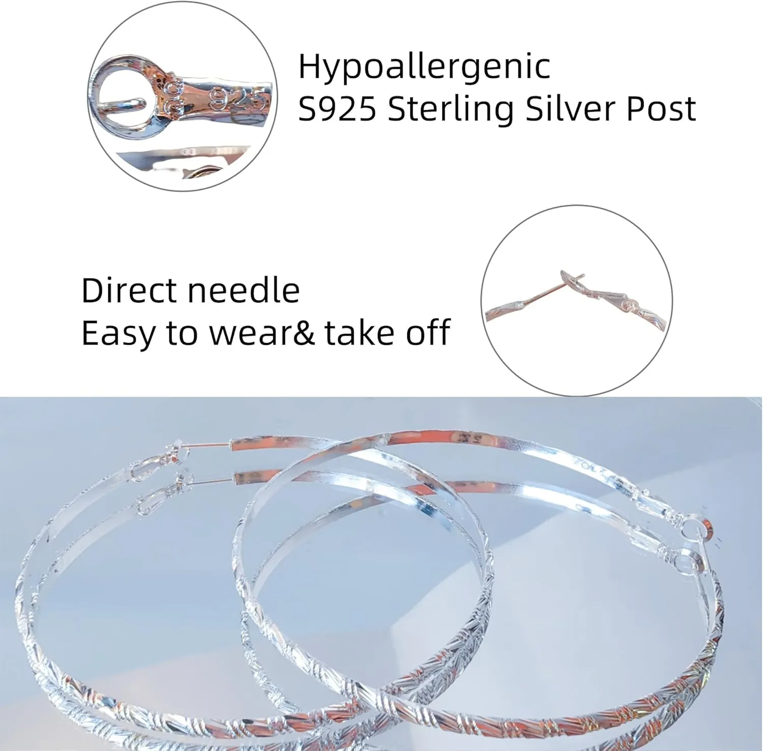 925 Sterling Silver Big Hoop Earrings For Women 3mm Thin Hoop Oversize Large Huggie Hoops Statement Earrings 60mm Hypoallergenic Fashion Jewelry Gifts