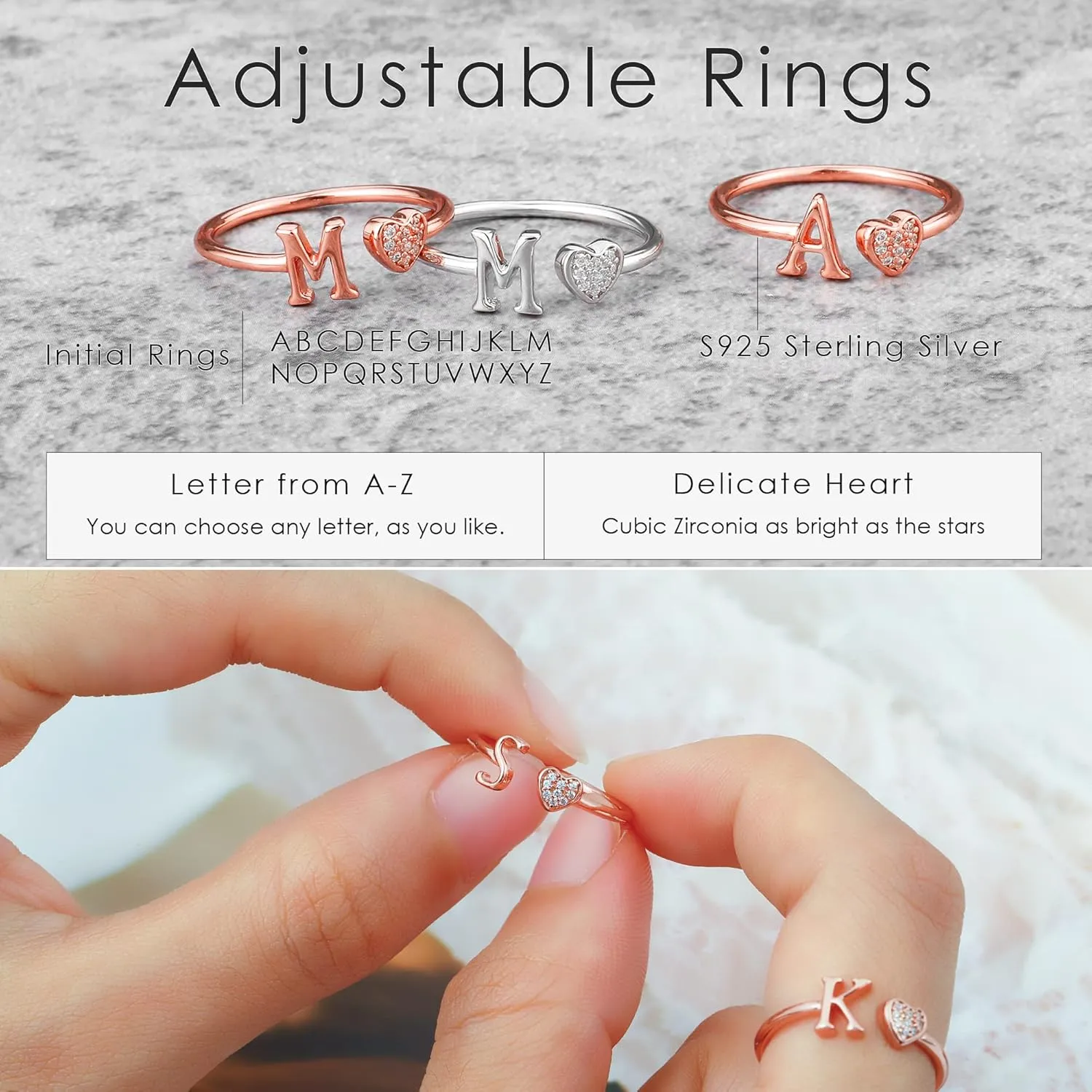 925 Sterling Silver Heart Initial Rings, Adjustable Letter Rings, Stackable Rings for Women - Gifts