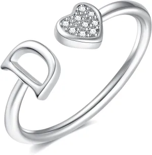 925 Sterling Silver Heart Initial Rings, Adjustable Letter Rings, Stackable Rings for Women - Gifts