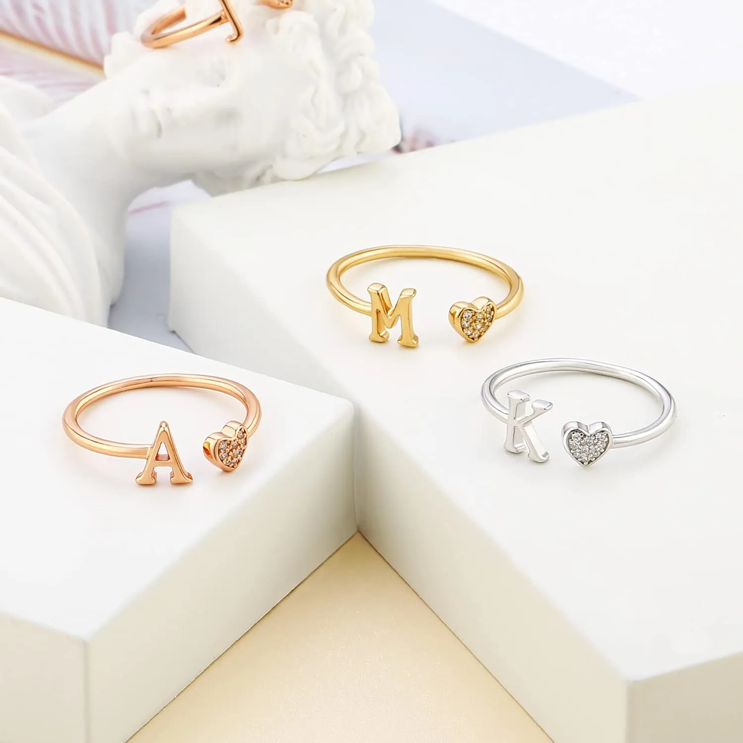 925 Sterling Silver Heart Initial Rings, Adjustable Letter Rings, Stackable Rings for Women - Gifts