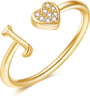 925 Sterling Silver Heart Initial Rings, Adjustable Letter Rings, Stackable Rings for Women - Gifts