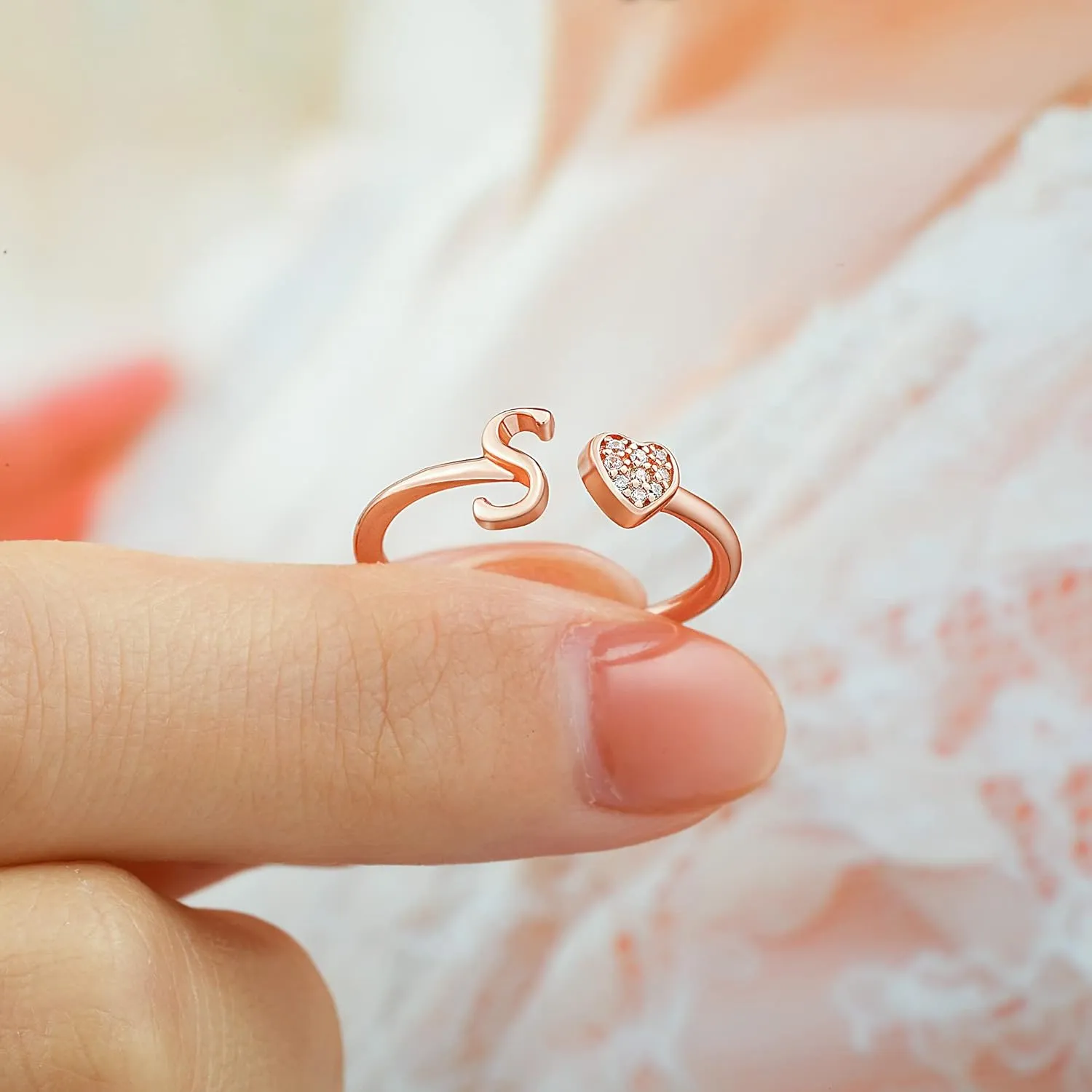 925 Sterling Silver Heart Initial Rings, Adjustable Letter Rings, Stackable Rings for Women - Gifts