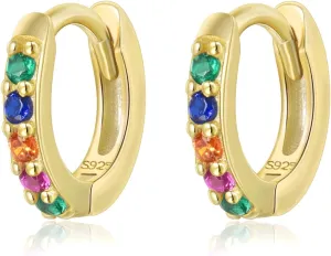 925 Sterling Silver Hoop Earrings Multicolored Cubic Zirconia Mini Huggie Hoops 14K Gold Plated Upper Ear Cartilage Helix Small Tiny Hoop Earrings