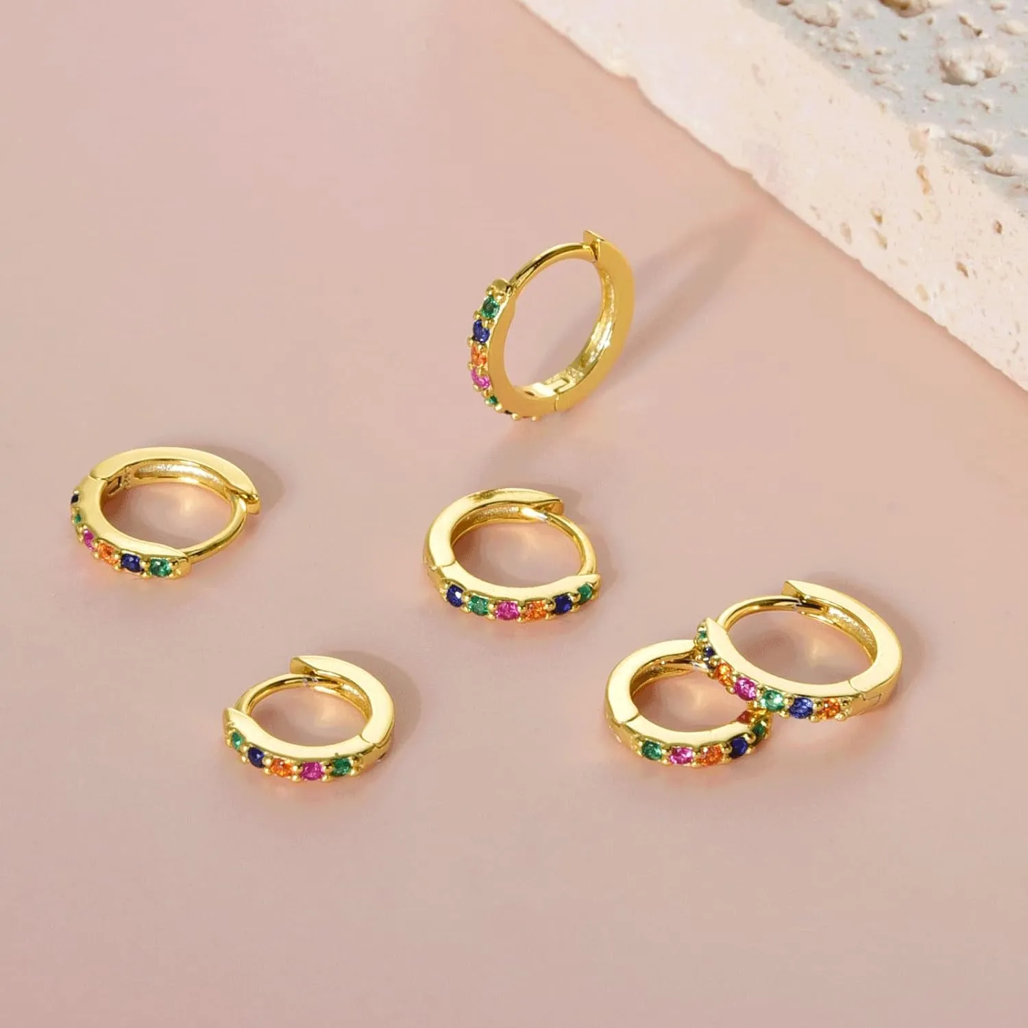 925 Sterling Silver Hoop Earrings Multicolored Cubic Zirconia Mini Huggie Hoops 14K Gold Plated Upper Ear Cartilage Helix Small Tiny Hoop Earrings