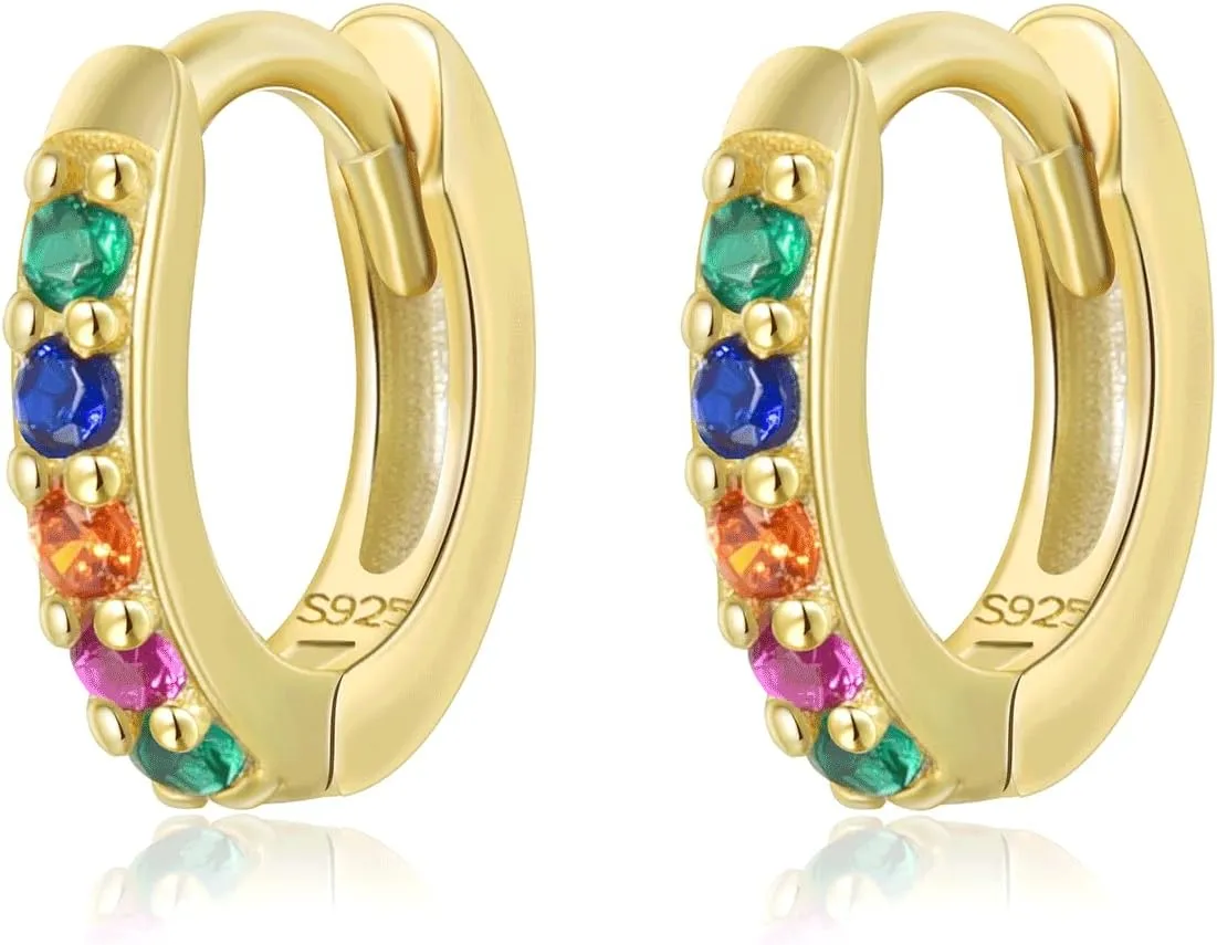 925 Sterling Silver Hoop Earrings Multicolored Cubic Zirconia Mini Huggie Hoops 14K Gold Plated Upper Ear Cartilage Helix Small Tiny Hoop Earrings
