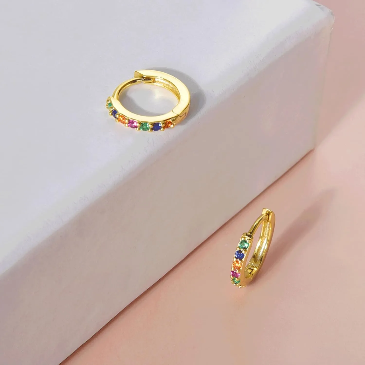 925 Sterling Silver Hoop Earrings Multicolored Cubic Zirconia Mini Huggie Hoops 14K Gold Plated Upper Ear Cartilage Helix Small Tiny Hoop Earrings