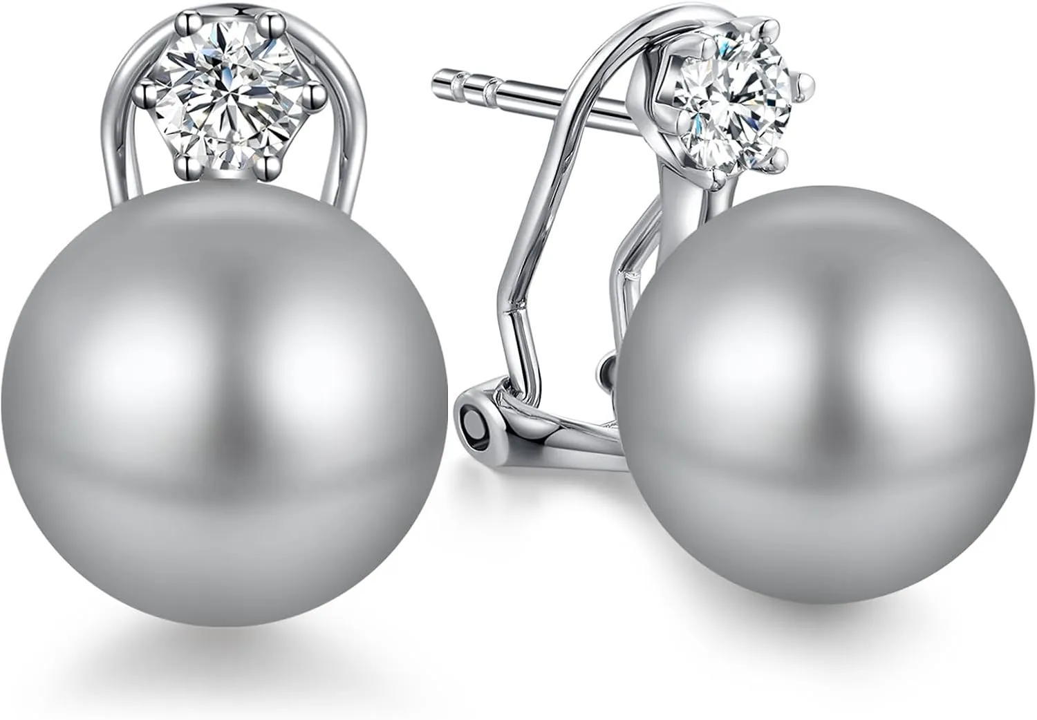 925 Sterling Silver Large Pearl Stud Earring, Cubic Zirconia CZ Diamond Pearl Earring for Women, 10MM-12MM Pearl Jewelry Gift for Women