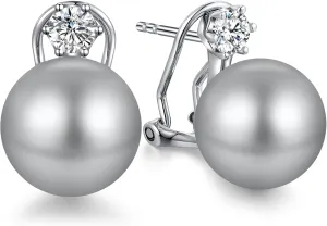 925 Sterling Silver Large Pearl Stud Earring, Cubic Zirconia CZ Diamond Pearl Earring for Women, 10MM-12MM Pearl Jewelry Gift for Women