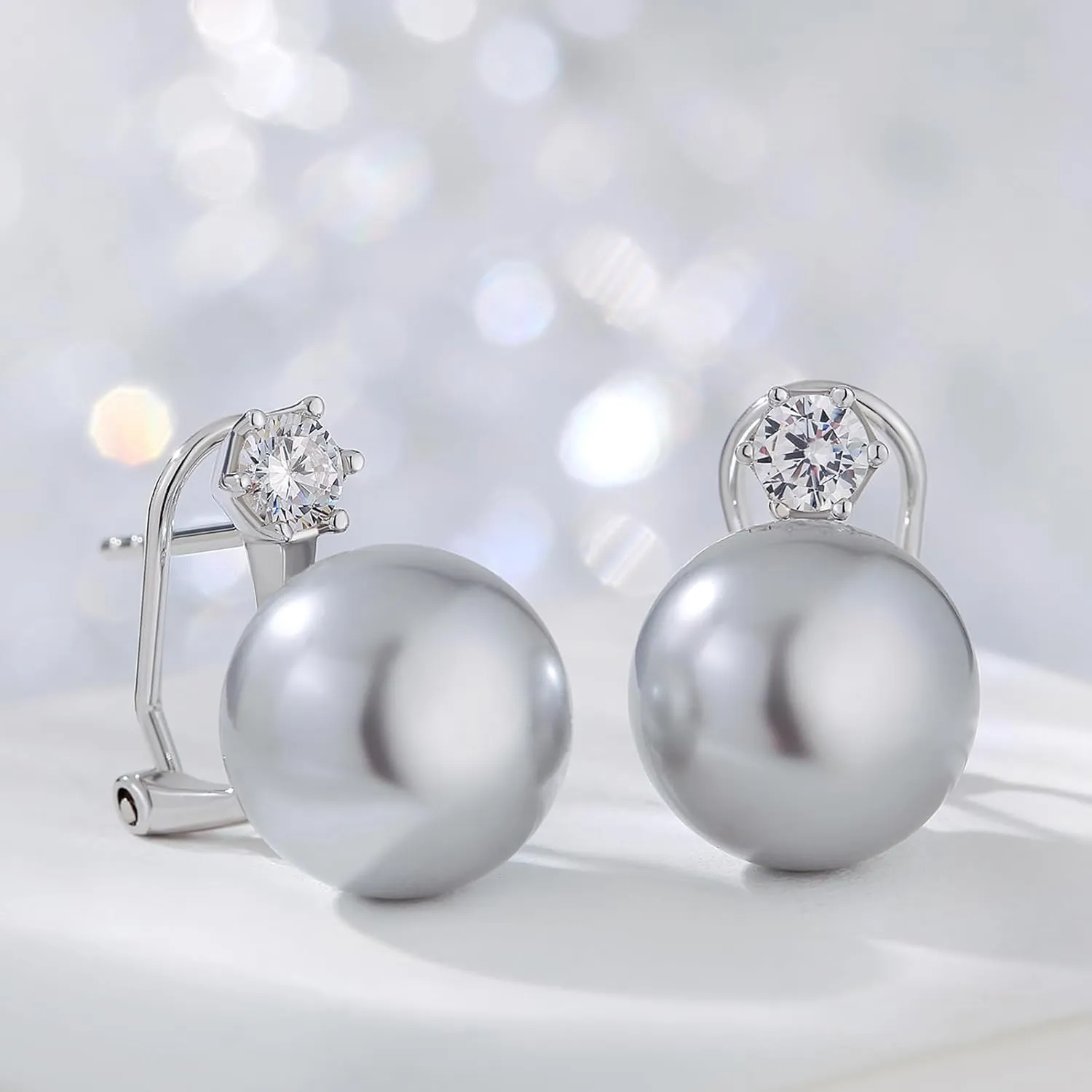 925 Sterling Silver Large Pearl Stud Earring, Cubic Zirconia CZ Diamond Pearl Earring for Women, 10MM-12MM Pearl Jewelry Gift for Women