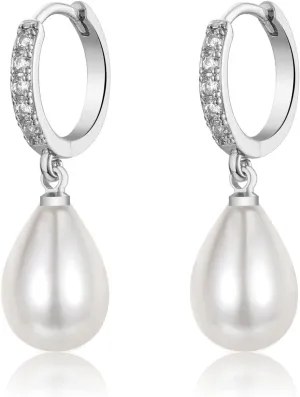 925 Sterling Silver Pearl Earrings for Women,Hypoallergenic Gold Pearl Drop Earrings with 5A  Cubic Zirconia Huggie Hoop Jewelry Gifts for Women Ladies (Silver & Gold)