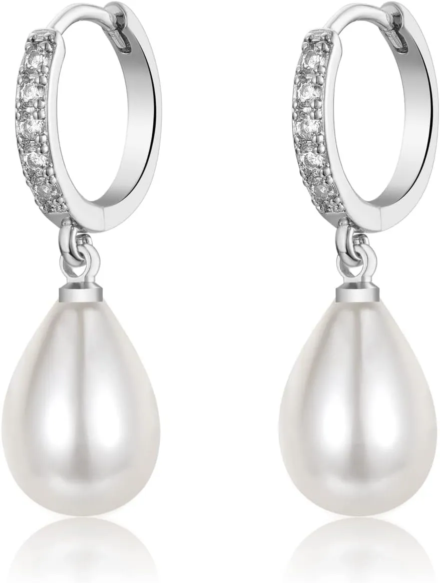 925 Sterling Silver Pearl Earrings for Women,Hypoallergenic Gold Pearl Drop Earrings with 5A  Cubic Zirconia Huggie Hoop Jewelry Gifts for Women Ladies (Silver & Gold)