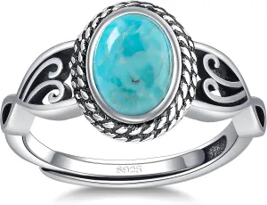 Adjustable Rings for Women 925 Sterling Silver Rings Womens Vintage Rings with 6 * 8mm Oval Teal Turquoise/Turquoise/Moonstone/Opal Statement Rings Fit Women Size 6-9