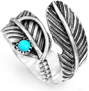 Adjustable Turquoise Boho-Magic 925 Sterling Silver and Brass Leaf Adjustable Ring for WomenFeather Leaf Ring Stacking Ring Vintage Statement Ring for Women & Men