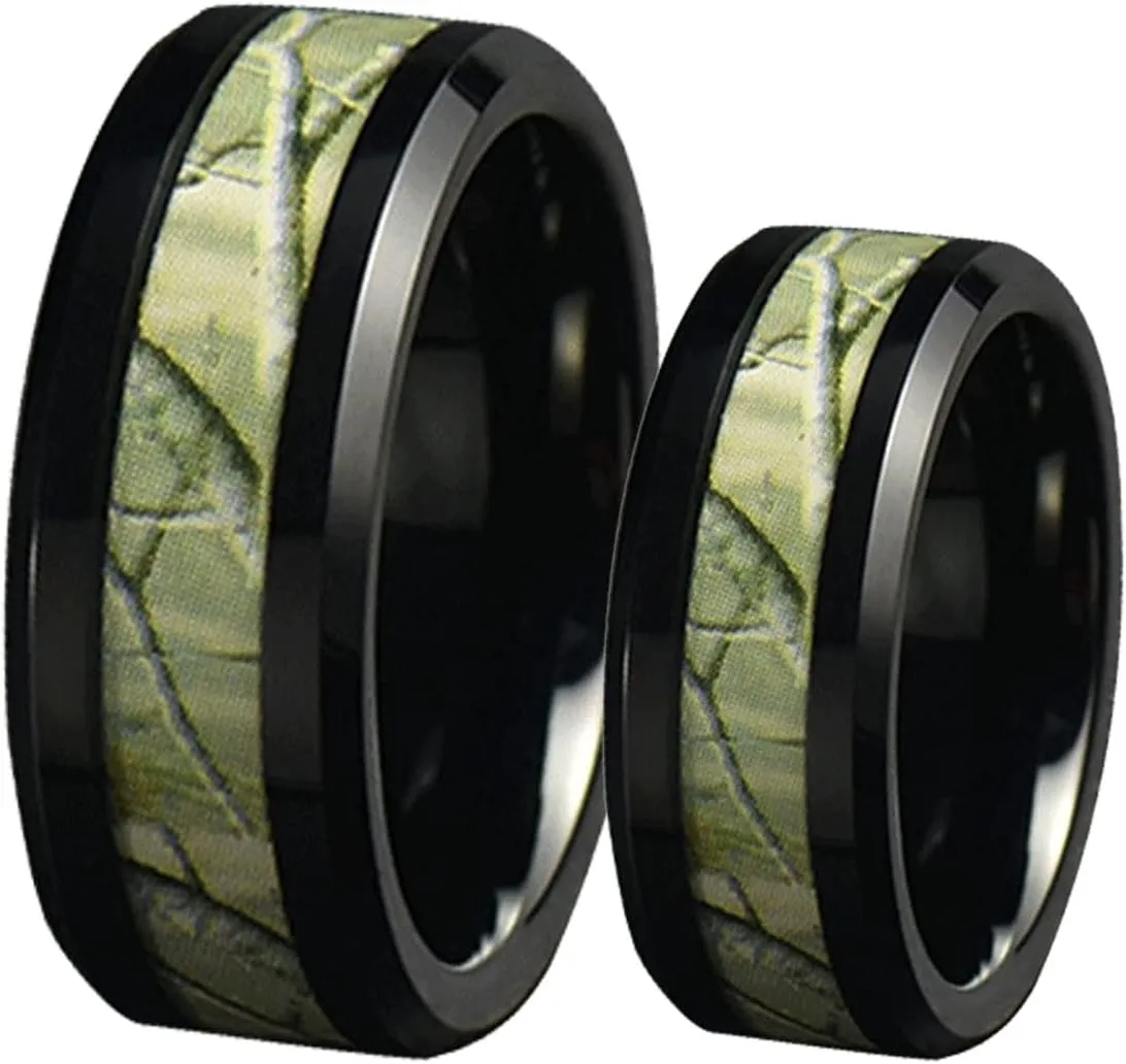 Aienid Couple Ring Necklace Tungsten Couple Rings Set 8MM Black Ring with Branches Pattern