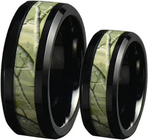 Aienid Couple Ring Necklace Tungsten Couple Rings Set 8MM Black Ring with Branches Pattern