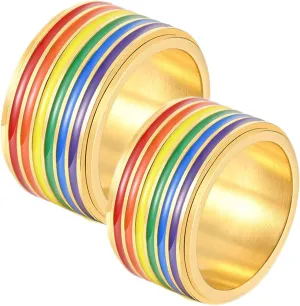 Aienid Couple Rings Matching Stainless Steel Couple Rings Set Gold LGBT Ring with Rainbow Enamel