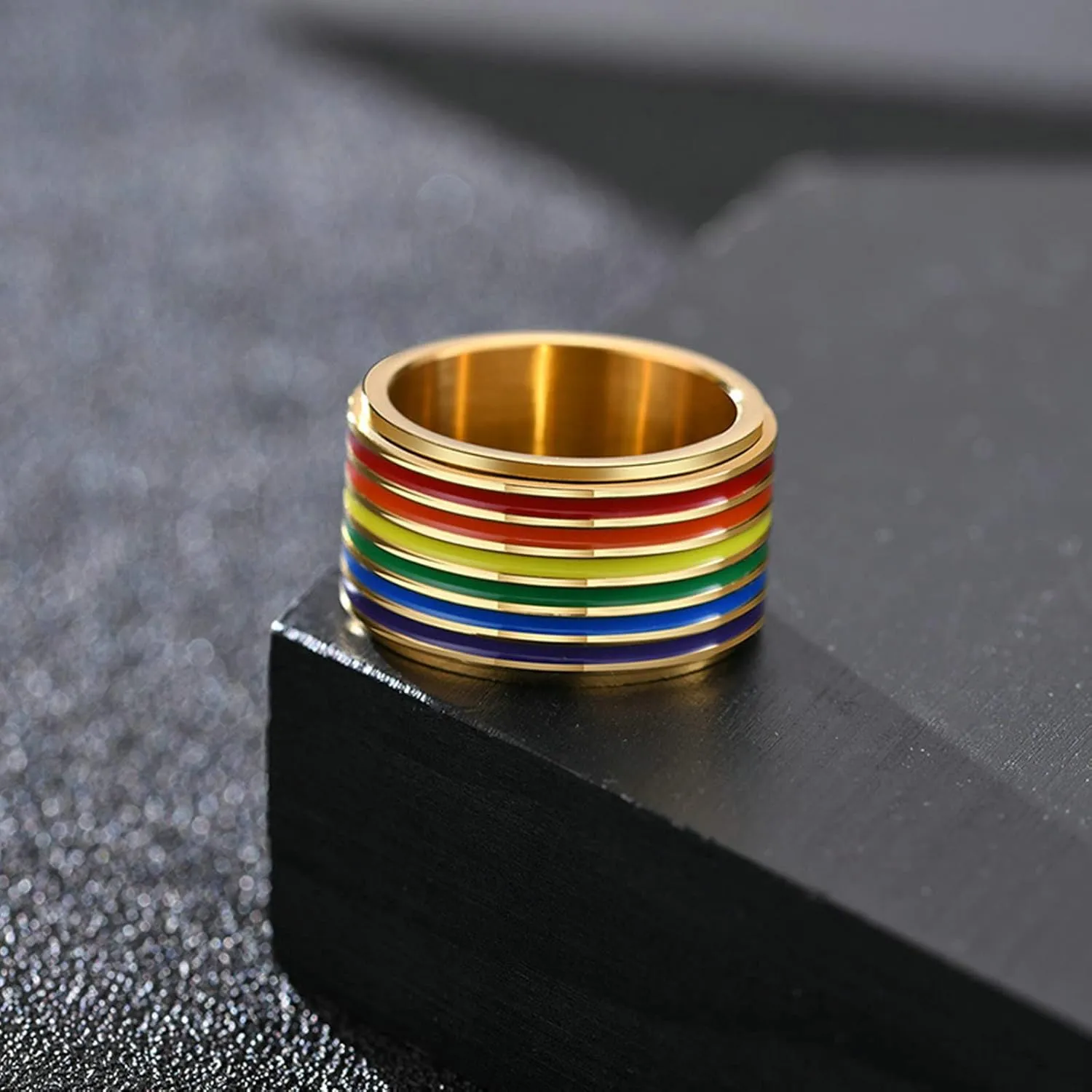 Aienid Couple Rings Matching Stainless Steel Couple Rings Set Gold LGBT Ring with Rainbow Enamel
