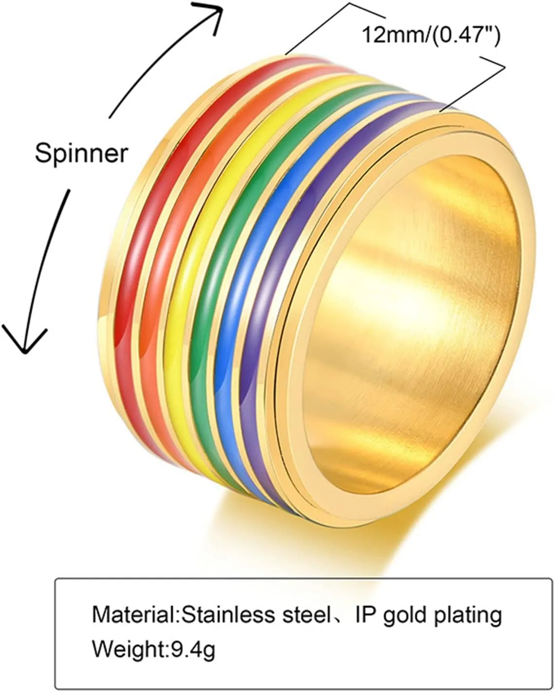 Aienid Couple Rings Matching Stainless Steel Couple Rings Set Gold LGBT Ring with Rainbow Enamel