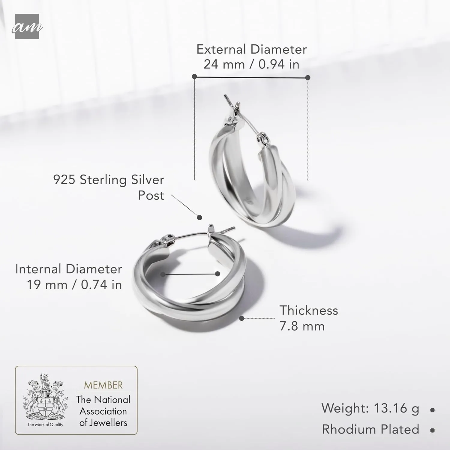 Amberta Silver Gold Plated Chunky Twisted Hoop Earrings | Hypoallergenic 925 Sterling Silver Post | Round Statement Bold Hoops for Women, Classy Gift Lightweight