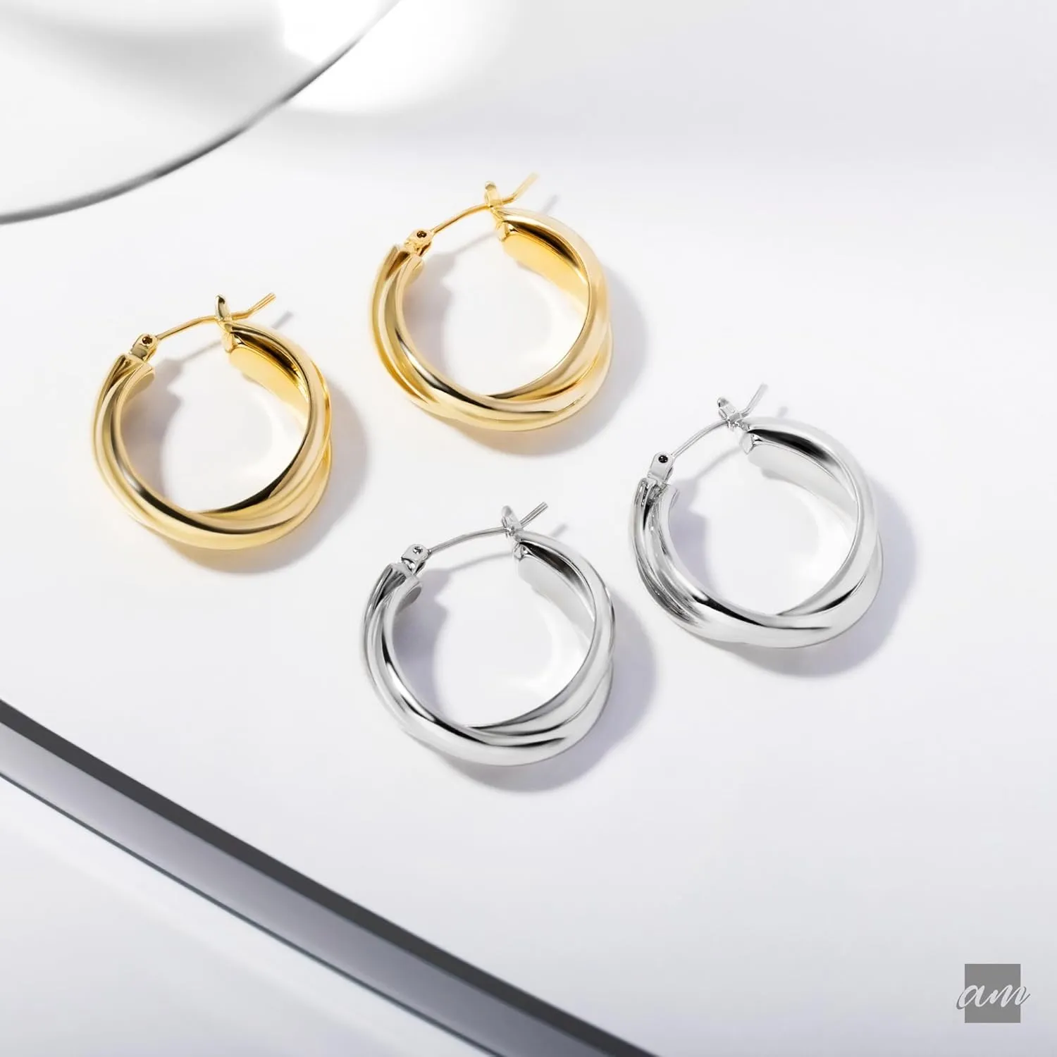 Amberta Silver Gold Plated Chunky Twisted Hoop Earrings | Hypoallergenic 925 Sterling Silver Post | Round Statement Bold Hoops for Women, Classy Gift Lightweight