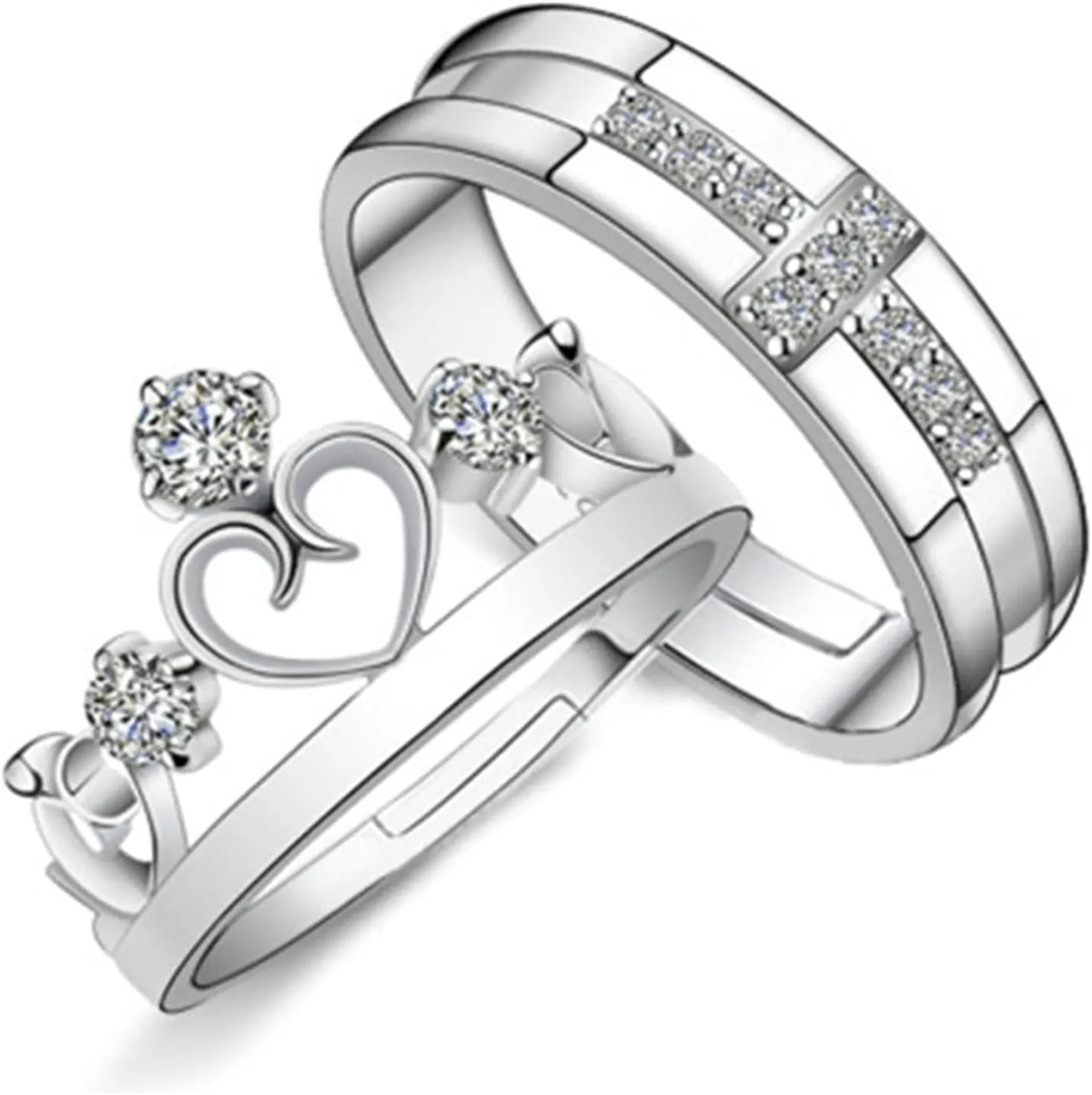 Band Rings Sterling Silver, Cute Couple Rings Heart Crown Pattern Birthday Gift Couple Ring