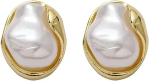 Baroque Pearl Stud Earrings For Women 14k Gold Plated Irregular Pearl Earrings Chunky Big Pearl Earrings Vintage Pearl Statement Earrings Jewelry Gift For Women
