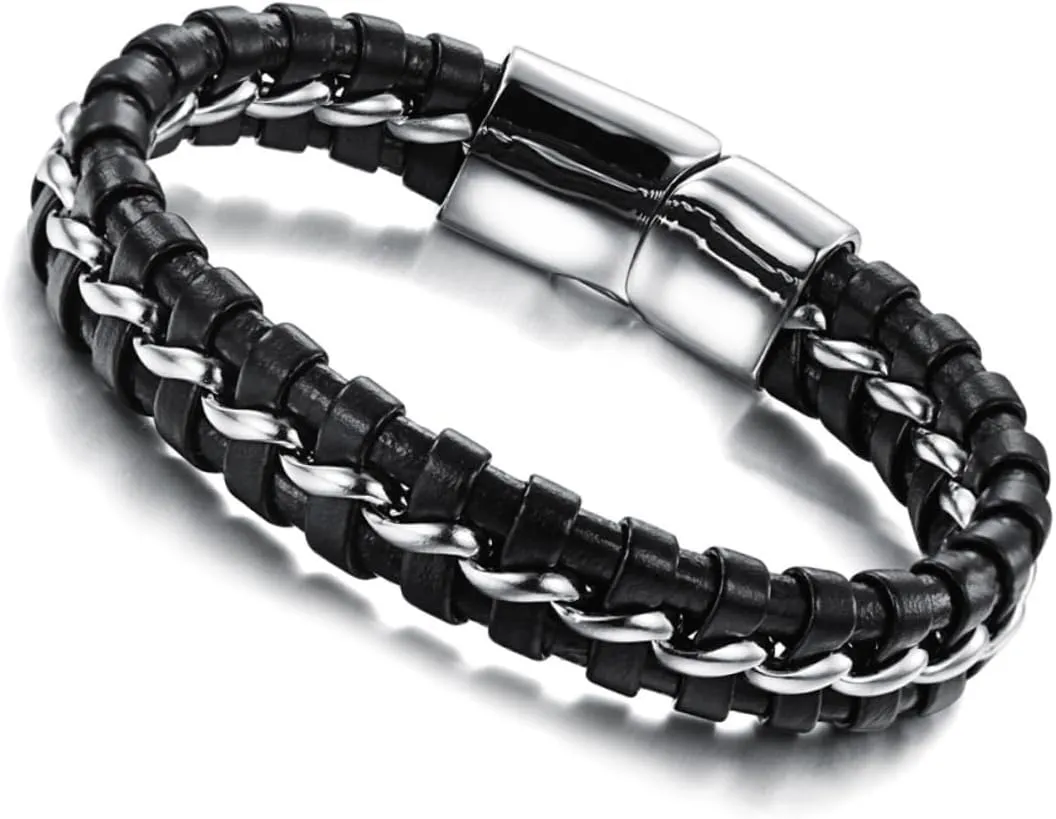 Beaupretty Braided Leather Bracelet for Men Durable Stainless Steel Cuff Design Lightweight Wristband for Everyday Wear Chic Black Tone Accessory