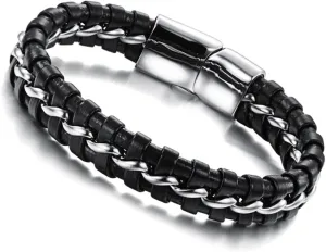 Beaupretty Braided Leather Bracelet for Men Durable Stainless Steel Cuff Design Lightweight Wristband for Everyday Wear Chic Black Tone Accessory