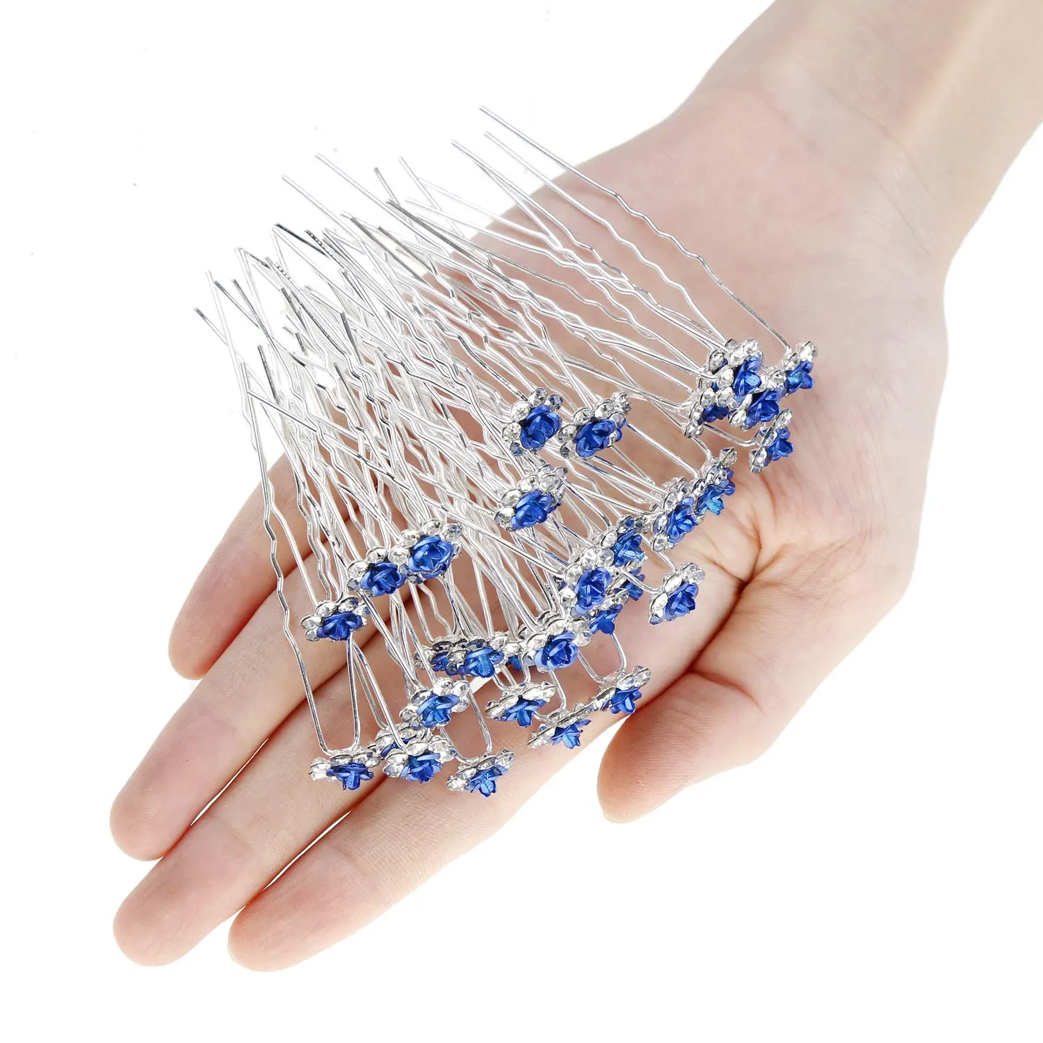 BETITETO 40 Pcs U-Shaped Flower Rhinestone Hair Pins Crystal Hair Accessories for Bridal Wedding Party Girls' Sweet Sixteen (Blue)