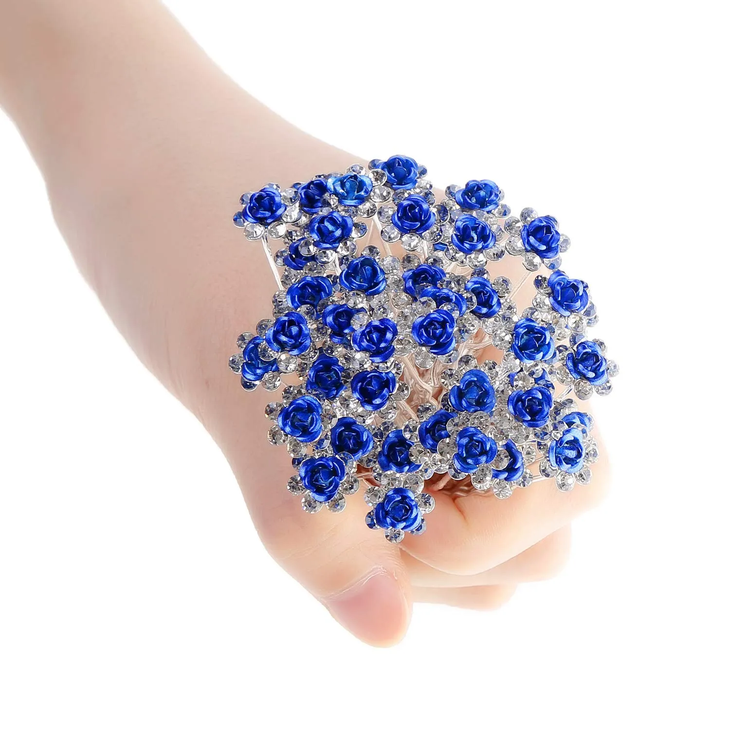 BETITETO 40 Pcs U-Shaped Flower Rhinestone Hair Pins Crystal Hair Accessories for Bridal Wedding Party Girls' Sweet Sixteen (Blue)