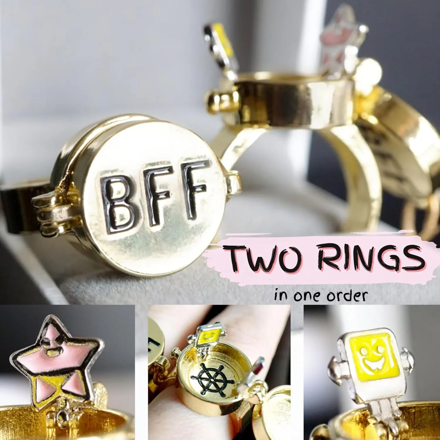 BFF Ring | Set of 2 or 3, Adjustable ring with lock, Adjustable Opening Best Friend Lock Sponge Rings Cartoon Anime for Friendship Gifts, Cool, Funny Couple, Matching Rings