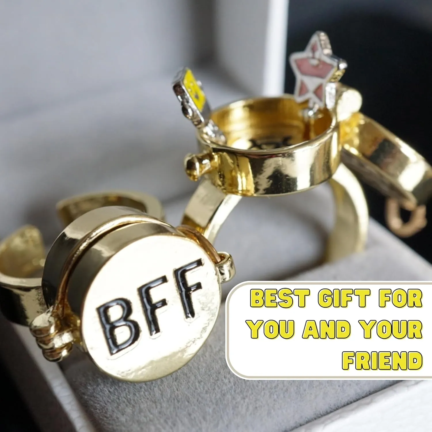 BFF Ring | Set of 2 or 3, Adjustable ring with lock, Adjustable Opening Best Friend Lock Sponge Rings Cartoon Anime for Friendship Gifts, Cool, Funny Couple, Matching Rings