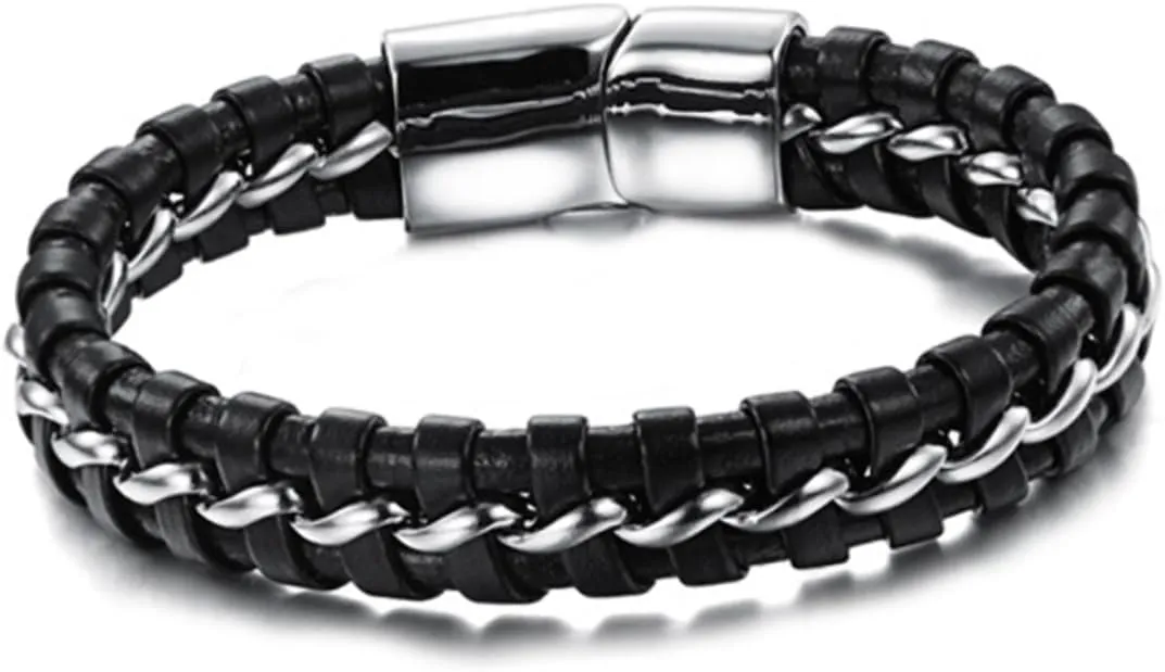 Black Leather Braided Bracelet for Men Stylish Silver Tone Stainless Steel Cuff Wristband Durable Accessory for Everyday Wear